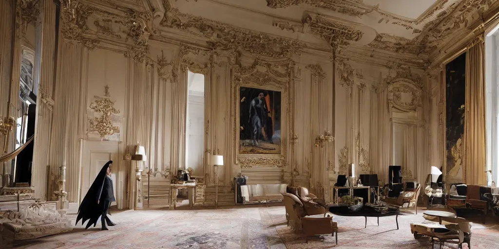 Image similar to Batman standing in giant Italian modern castle living room, clean minimalist design, that is 1300 feet tall, with very tall giant walls filled with modern art paintings, doors that are cosmic portals, photo by Annie Leibovitz