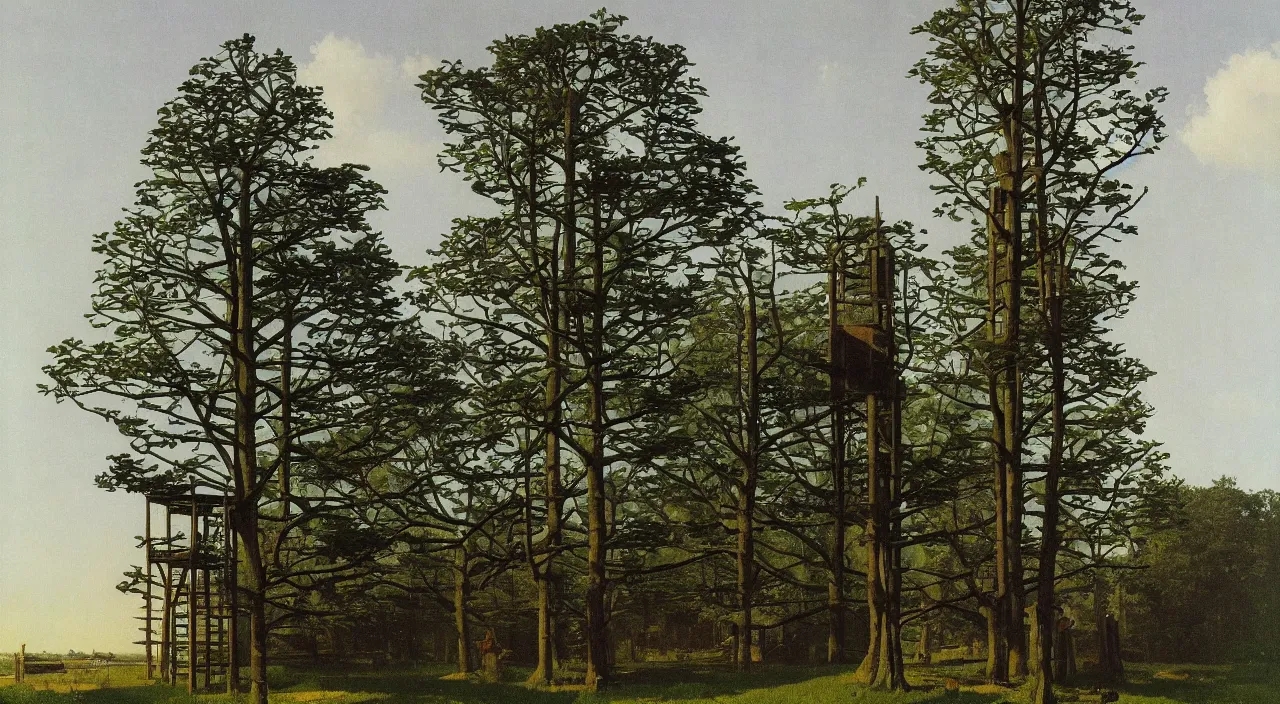 Image similar to single flooded simple wooden tree tower!, very coherent and colorful high contrast!! masterpiece by rene magritte simon stalenhag carl spitzweg syd mead norman rockwell edward hopper james gilleard, minimalist, dark shadows, sunny day, hard lighting
