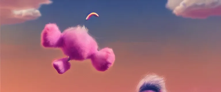 Prompt: a fuzzy teddy bear painted by Mike Winkelmann, fluffy clouds, pink girl, cotton candy, dreamy soft, rainbow