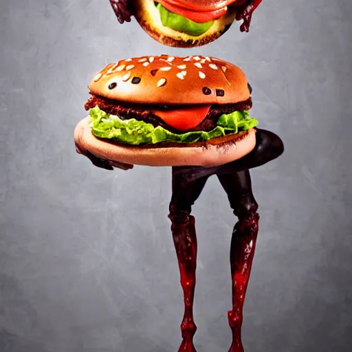 Image similar to a humanoid bipedal upright zombie that strongly resembles a hamburger, professional food photography