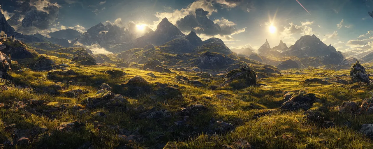 Image similar to ten suns in the sky positioned in the sun path, a magical lush highland landscape in the background with mountains far away, hypermaximalistic, high details, cinematic, 8k resolution, beautiful detailed, insanely intricate details, artstation trending, octane render, unreal engine