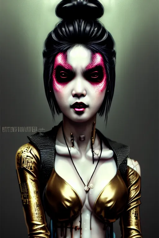 Image similar to soft lustrous ebony asian geisha yakuza biotech raver gutter punk gothic cyborg, cyberpunk city, urban decay, decay, golden ratio, details, scifi, fantasy, cyberpunk, intricate, decadent, highly detailed, digital painting, octane render, artstation, concept art, smooth, sharp focus, illustration, art by artgerm, loish, wlop