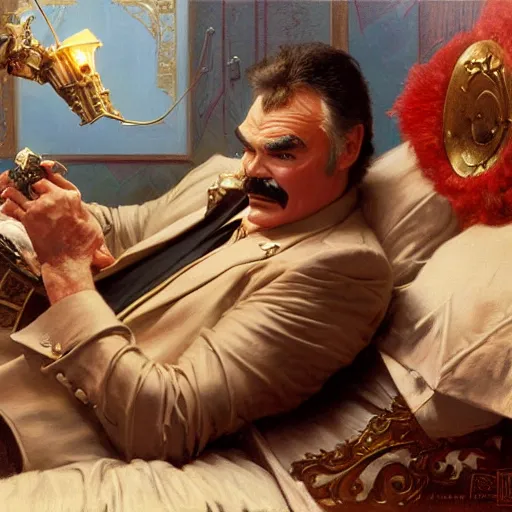 Image similar to burt reynolds is in his bed, nervous and terrified, because an evil rip taylor is throwing confetti from a bucket at him. highly detailed painting by gaston bussiere, j. c. leyendecker, greg rutkowski, craig mullins 8 k