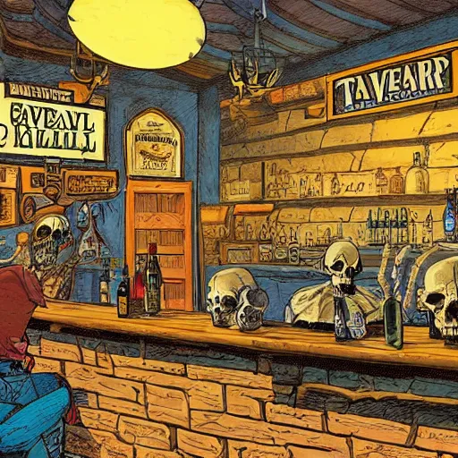 Prompt: precisely drawn illustration of tavern bar with a skull sitting on the counter, wide angle, sharp, fine details, french comic style, vibrant realistic colors, full color, heroic fantasy, intense line art, 8 k, precise linework, realistic, in the style of heavy metal comics and richard corben and moebius