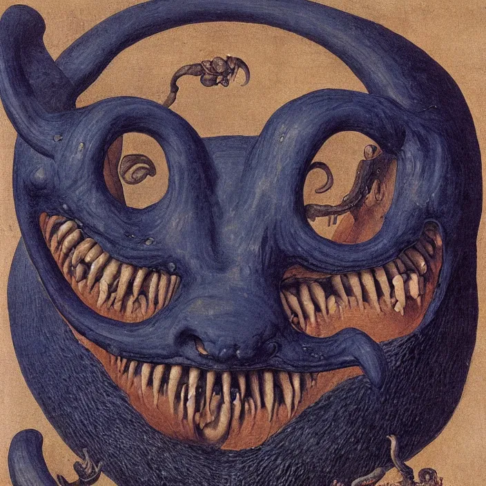 Image similar to close up portrait of a mutant monster creature with giant ear in the middle of the face, lapis - lazuli fangs growing sideways in a spiral shape. by jan van eyck, walton ford