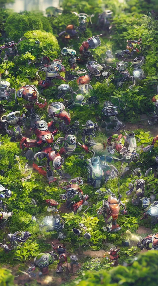 Prompt: tiny robots in a garden, hyper detailed, sharp focus, bokeh, unreal engine, ray tracing, cute, fantasy, sci fi