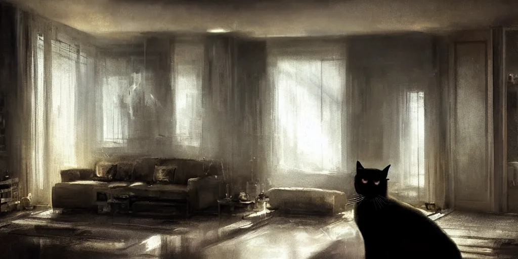 Prompt: a dramatic portrait of a siamese cat inside a modern apartment, intricate concept art, ethereal, cinematic, dramatic lighting, by jeremy mann and julius adam ii