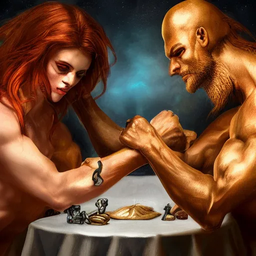 Image similar to A demon arm wrestling an angel on a dinner table, fantasy art, 8k, high resolution photography