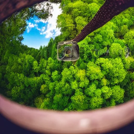 Image similar to hunted medieval town on the edge of dark forest, werewolf attack on villagers, hd, above view, fisheye lense