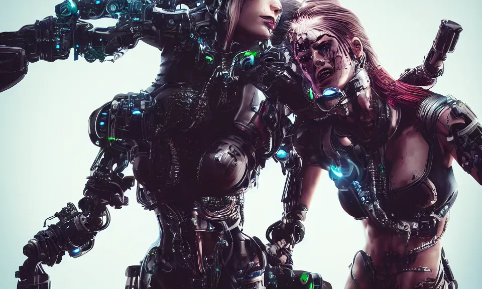 Image similar to female cyborg Fight with predator,cyberpunk,pretty face ,featured in cinematic, elegant, intricate,highly detailed,artstation,illustration, 8k