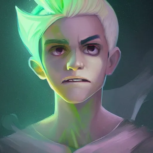 Prompt: A digital matte intricate illustration concept art of young Danny phantom with snow white hair and glowing green eyes, razor sharp fangs teeth fangs alt art fashion inspired art by Charlie Bowater and WLOP and Mark Arian and Ross Tran + neon colors, symmetry , intricate complexity, epic composition, magical atmosphere, highly detailed, cinematic lighting + masterpiece, trending on artstation + 8k