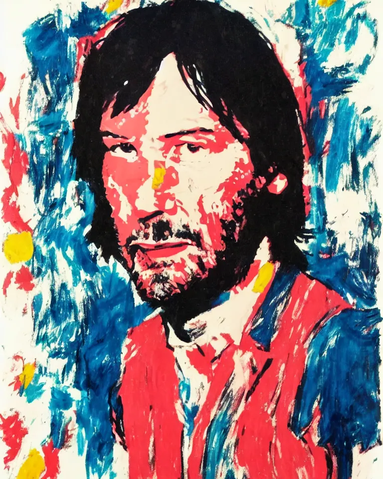 Prompt: keanu reeves caricature, painted by andy warhol