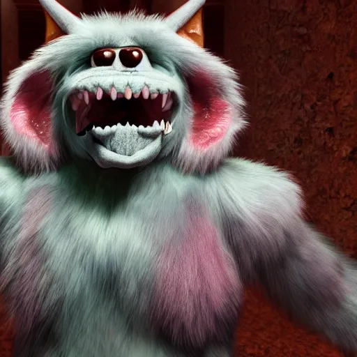 Image similar to furry friendly monster, photorealistic, colored, unreal engine, vray, 5 5 mm