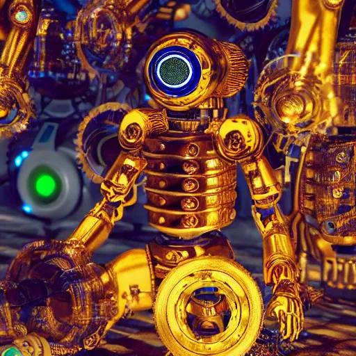 Image similar to a golden and blue metal humanoid steampunk robots wearing and gears and tubes is sitting on the ground, meditation, eyes are glowing red lightbulbs, shiny crisp finish, 3 d render, 8 k, insaneley detailed, fluorescent colors