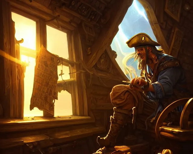 Image similar to an old pirate writing on a treasure map, light coming through window, golden hour, interior, ship, nautical, deep focus, d & d, fantasy, intricate, elegant, highly detailed, digital painting, artstation, concept art, matte, sharp focus, illustration, hearthstone, art by artgerm and greg rutkowski and alphonse mucha