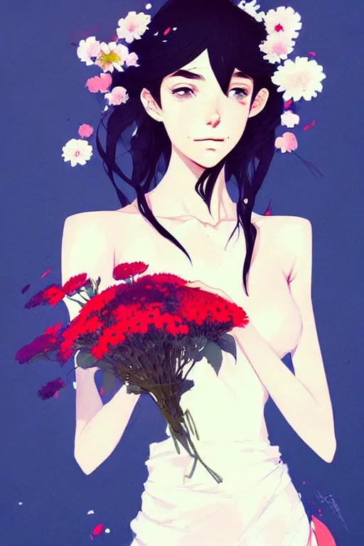 Image similar to a ultradetailed painting of a stylish girl holding a bouquet of flowers by conrad roset, greg rutkowski and makoto shinkai trending on artstation