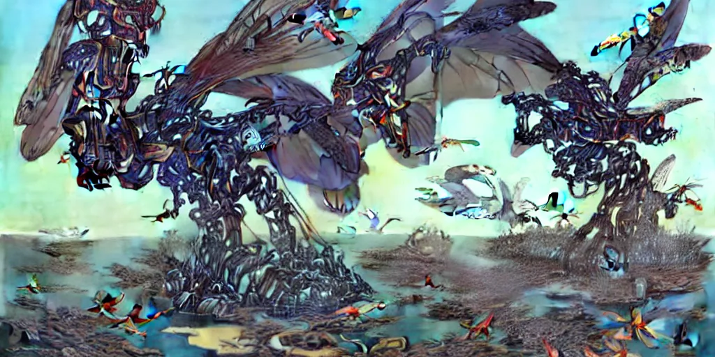 Prompt: gigantic mecha arzach birds with dragonflies, tiny rats, a lot of exotic animals around, big human faces everywhere, helicopters and tremendous birds, by satoshi kon and moebius, matte colors, surreal design, super - detailed, a lot of tiny details, fullshot