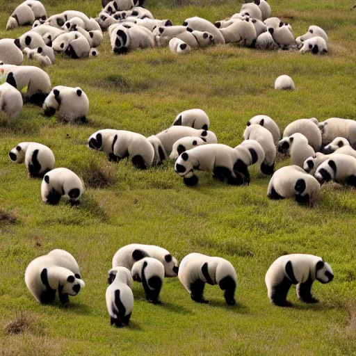 Image similar to a herd of hundreds of panda bears in the african savannah.