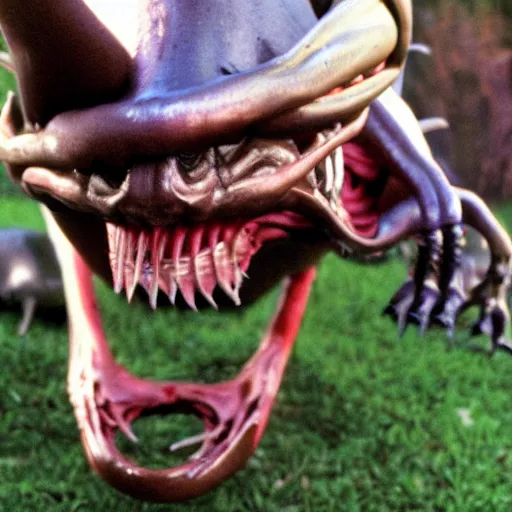 Image similar to drooling smooth xenomorph from the movie aliens IV with a small wet dog in its mouth. Suburban backyard. Production photograph from horror sci-fi film.