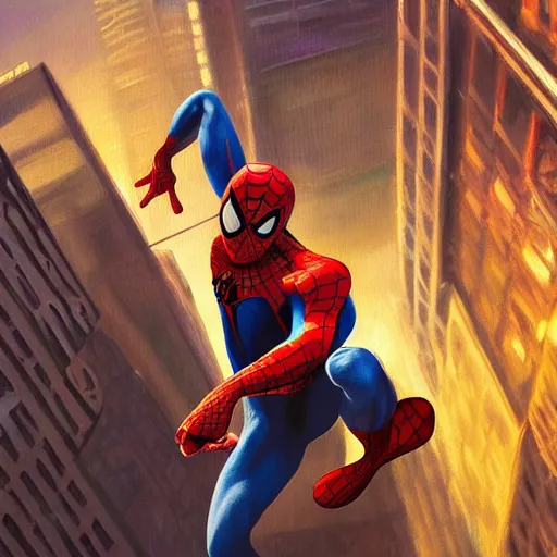 Prompt: oil painting of spiderman swinging through new york city buildings. far away, from behind, epic, sense of motion, motion blur, artstation, artgerm