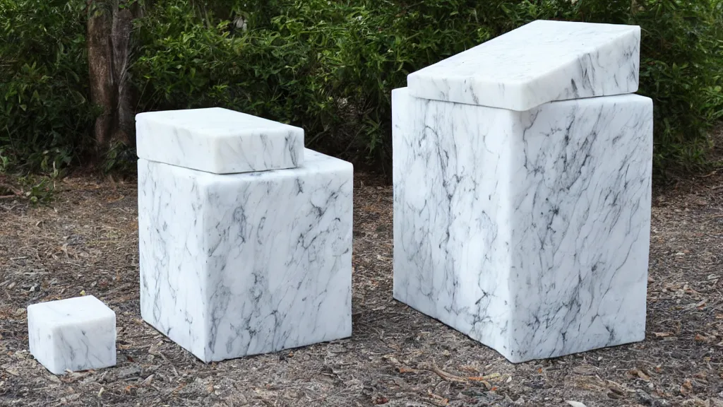 Prompt: marble sculpture cubical pinafore cube ( s ) in nature with roots grabbing it