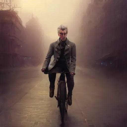 Image similar to cinematic shot epic portrait peter capaldi riding a bicycle in the streets, atmospheric, cloudy, broad light, ambient occlusion, volumetric light effect, made by ivan aivazovsky, peter mohrbacher, greg rutkowski, ross tran, matte painting, trending on artstation, 4 k, perfectly defined features, digital painting, cinematic, epic, highly detailed,