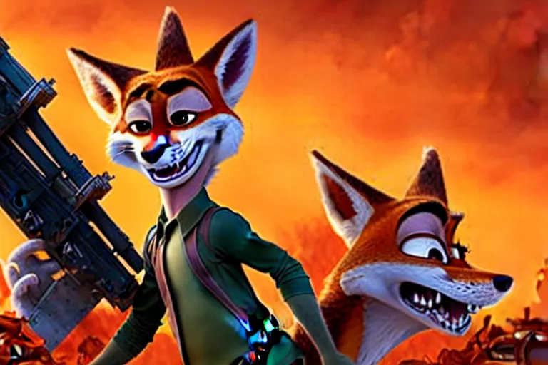 Image similar to nick wilde ( from zootopia ), heavily armed and armored facing down armageddon in a dark and gritty reboot from the makers of mad max : fury road