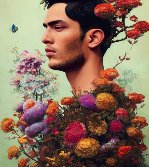 Image similar to portrait of a peruvian male model, surrounded by flowers by karol bak, james jean, tom bagshaw, rococo, trending on artstation, cinematic lighting, hyper realism, octane render, 8 k, hyper detailed.