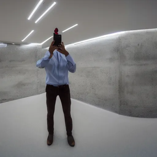 Image similar to a man taking a selfie in a large minimalistic concrete room. room contains upholstered sofas fluorescent ceiling lighting and a rectangular water feature in the center, a tilt shift photo by leandro erlich, featured on cg society, kitsch movement, hall of mirrors, high dynamic range, studio portrait