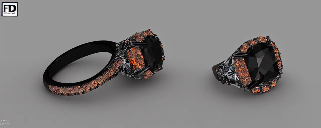 Image similar to simple black tungsten magic crystal ring, radiant cut, fire, orange, smooth shank, crystal, engravings, diamonds, product design, jewelry, colorful, art by gerald brom, greg rutkowski and artgerm, photo realism, unreal engine, c 4 d