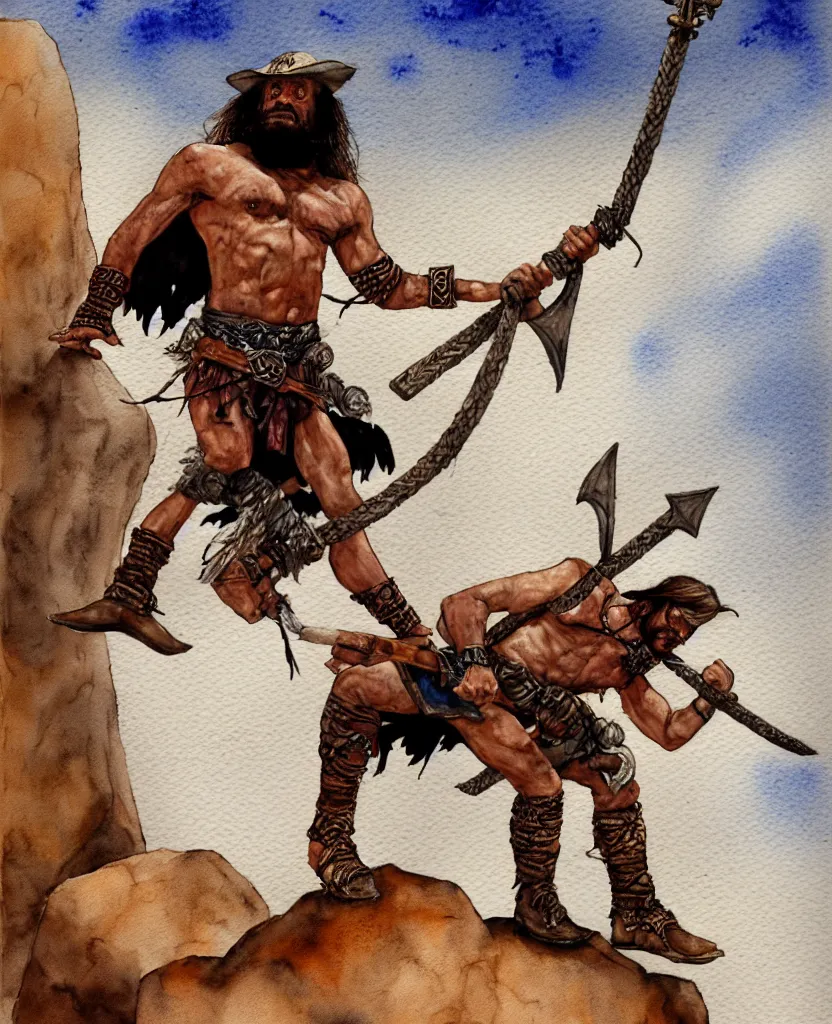 Image similar to randy savage with an anchor weapon slung over his shoulder and foot heroically on a boulder posing alone in desolate wasteland | portrair | fantasy watercolour painting | middle earth | conan | darksun | d & d dungeons and dragons | barbarian