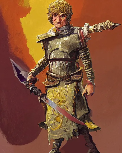 Image similar to beverly toegold the fift, epic level dnd male halfling nature paladin, wielding the golden holy avenger sword, wearing magical gleaming chainmail armor. full character concept art, realistic, high detail digital gouache painting by angus mcbride and michael whelan and jeffrey jones