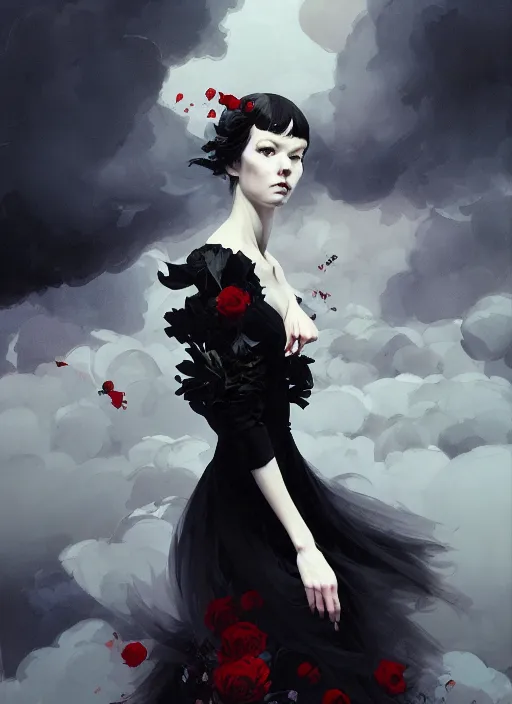 Prompt: character design by james jean, ruan jia, ilya kuvshinov, martine johanna, jakub rebelka ( ( ( portrait of gothic girl in seductive luxurious flowy tornado dress ) ) ) emerging from lighting and powerful thunder, sharp edges. ultra detailed, majestic, intricate,