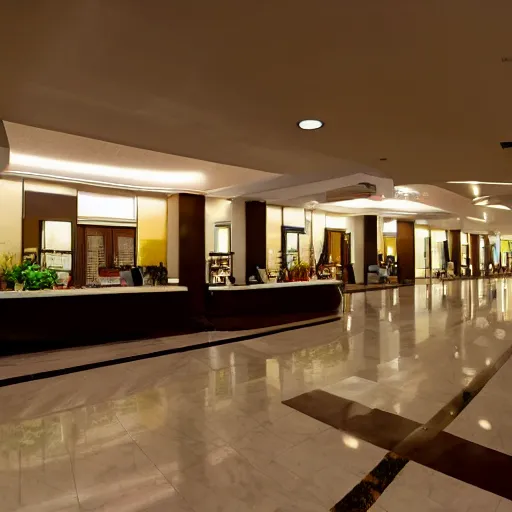 Image similar to wide angle view of an elegant metro hotel lobby, modern anime style, official anime still