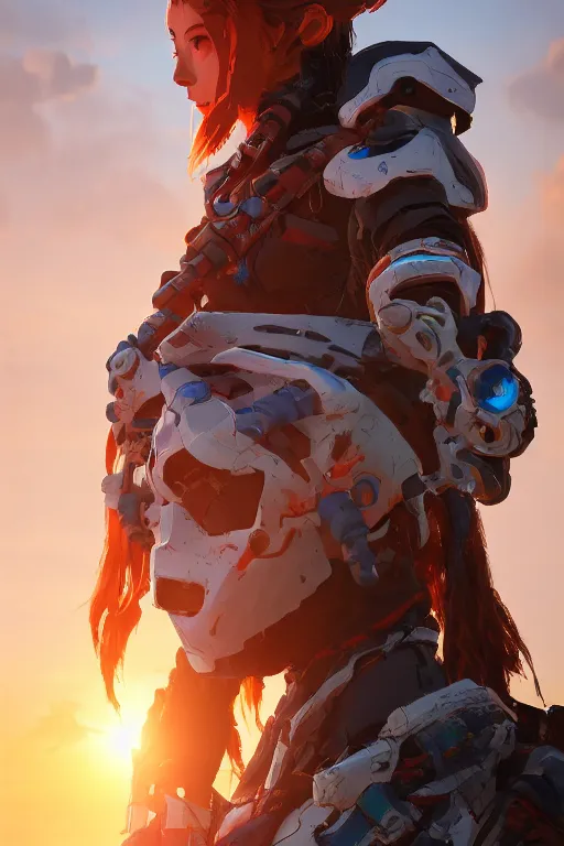 Image similar to combination suit armor aloy horizon forbidden west horizon zero dawn robot ninja mask helmet backpack tribal, aesthetic octane render, 8 k hd resolution, by ilya kuvshinov and cushart krentz and gilleard james radiating a glowing aura cgi rtx 2 0 2 2