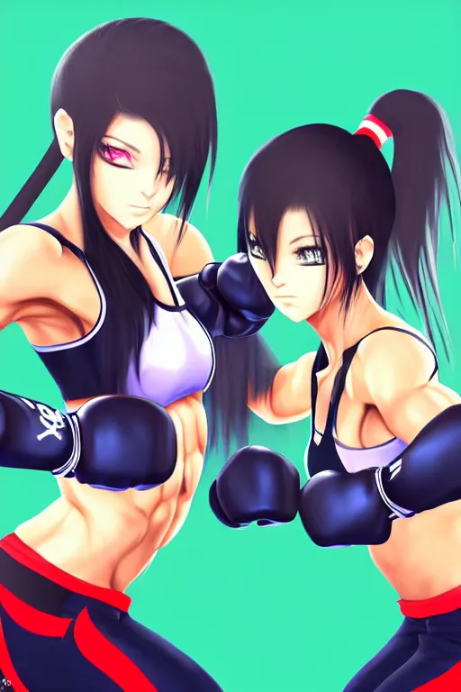 Image similar to two beautiful female fighters with ponytails facing each other in the gym, gorgeous features, high definition, sharp focus, detailed anime art, pixiv