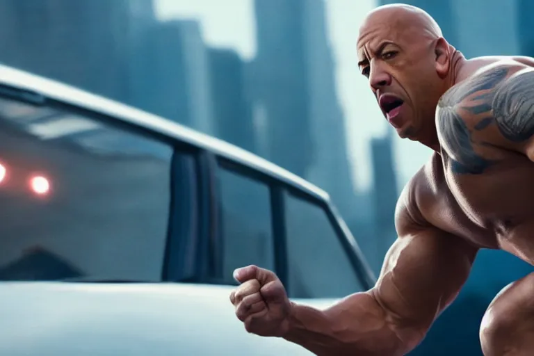 Image similar to vin diesel as dwayne johnson flexing and yelling let's go!, fast furious, low perspective, isometric perspective, cinematic still, movie still, long lens, shallow depth of field, bokeh, anamorphic lens flare, 8 k, hyper detailed, 3 5 mm film grain