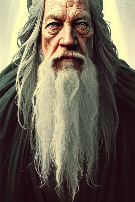 Prompt: a portrait of gandalf the grey, fantasy, sharp focus, intricate, elegant, digital painting, artstation, matte, highly detailed, concept art, illustration, ambient lighting, art by ilya kuvshinov, artgerm, alphonse mucha, and greg rutkowski