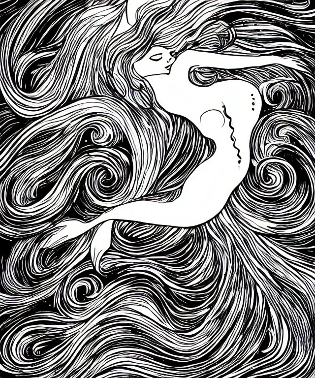 Prompt: black and white illustration, creative design, beautiful mermaid in swirling water