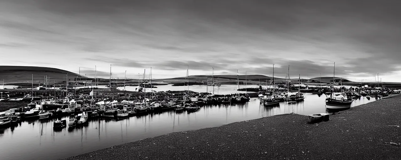 Prompt: a landscape photograph of the harbour at Stromness orkney, by ansel adams, wide angle, sunset