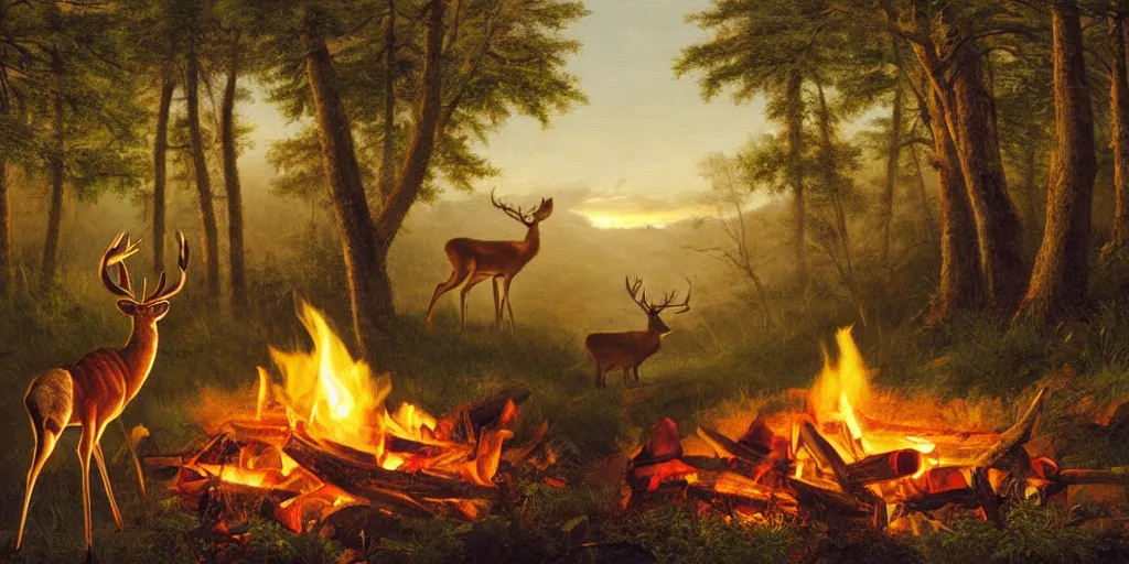 Prompt: A deer sitting next to a campfire in the forest. The deer is holding a cup of tea, watching the sunset, highly detailed painting