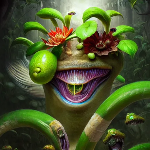 Image similar to A vegetarian piranha plant, digital painting, lots of details, extremely detailed, 4k, intricate, brush strokes, Artgerm, Bastien Lecouffe-Deharme, Chiho Aoshima