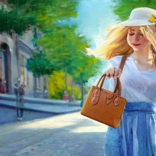 Prompt: a impressionist painting of a cute blonde girl walking on a sunny day, carrying a handbag with a cute pet mouse in it, the grey mouse is peeking out of the handbag. Trending on artstation, wide angle, ultra HD, stunning 8k resolution