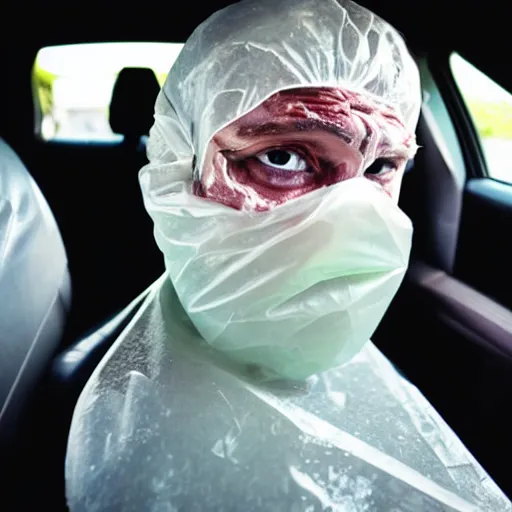 Prompt: stinking garbage bag with human face oozing goop inside car, wide angle, specular highlights, fetid atmosphere