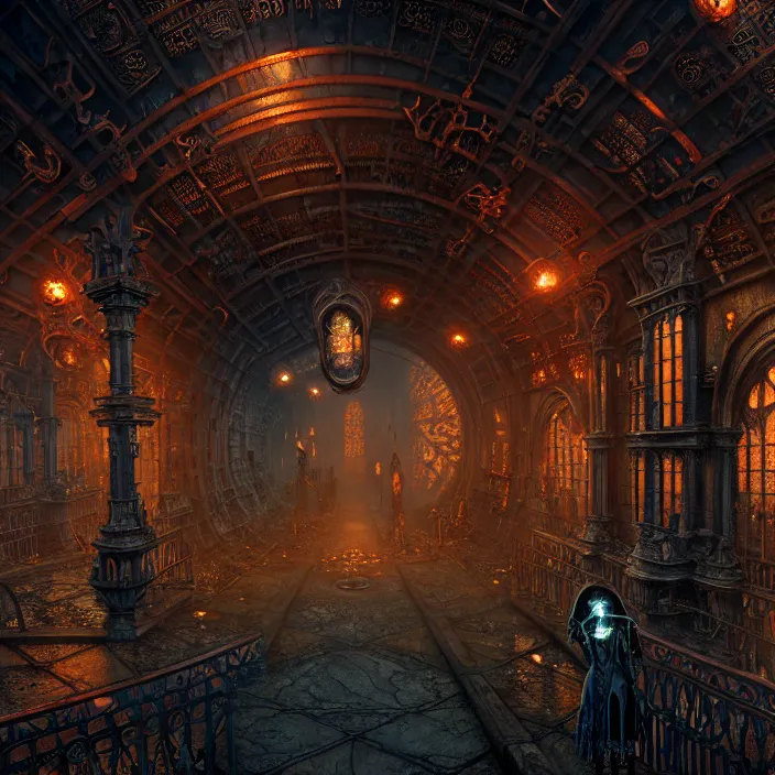 Image similar to steam necropolis, memento mori, gothic, neo - gothic, art nouveau, hyperdetailed copper patina medieval icon, stefan morrell, philippe druillet, ralph mcquarrie, concept art, steampunk, unreal engine, detailed intricate environment, octane render, moody atmospherics, volumetric lighting, ultrasharp, ominous, otherworldly