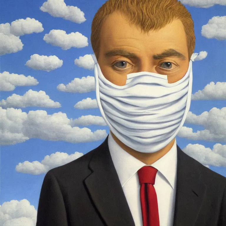 Image similar to portrait of a faceless cloth mask - head man in a suit, clouds in the background, by rene magritte, detailed painting, distance, centered, hd, hq, high resolution, high detail, 4 k, 8 k