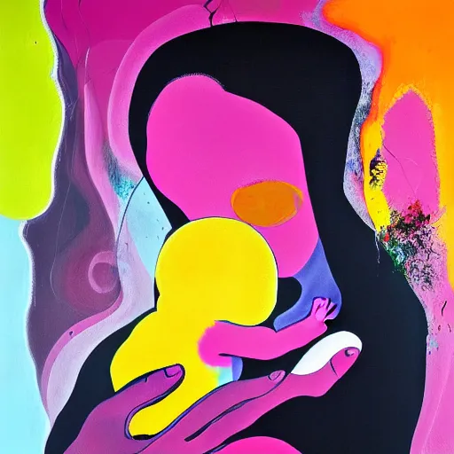 Prompt: woman holding a baby, an ultrafine detailed painting by peter max and francis bacon and fiona rae and hernan bas and anna mond, featured on deviantart, metaphysical painting, biomorphic, mixed media, photorealistic, dripping paint, palette knife texture, masterpiece