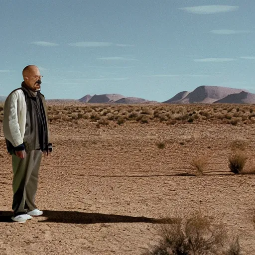 Prompt: walter white looking at a tv screen in the desert