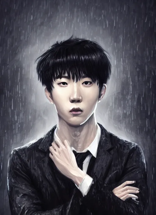 Image similar to a highly detailed illustration of attractive korean man with bowl cut black hair wearing shirt and tie with giant black claws, wielding giant black fog claws pose, tired expression, foggy black mist surrounding background, intricate, elegant, highly detailed, centered, digital painting, artstation, concept art, smooth, sharp focus, league of legends concept art, wlop.