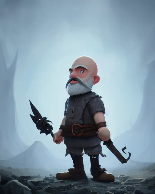 Image similar to bald gnome big white beard, dagger, bomb, running, field, angry, hyper realism, cinematic, volumetric lighting, high detail, octane render, depth of field, dnd, extremely detailed, very sharp, in the style of greg rutkowski